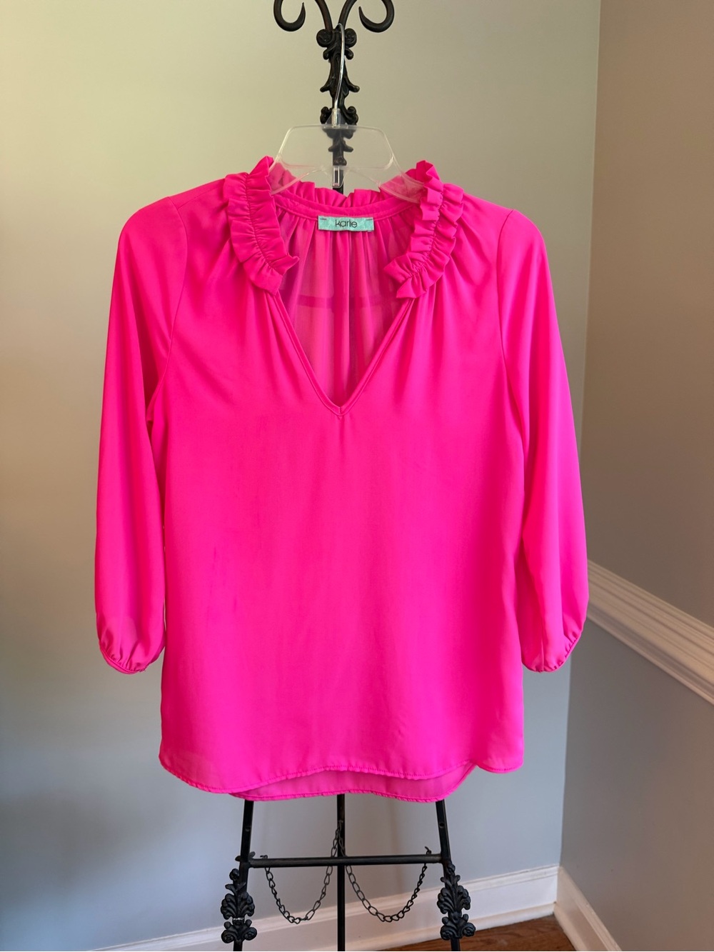 Karlie Bright Hot Pink Ruffle Neck Blouse - Women's Top